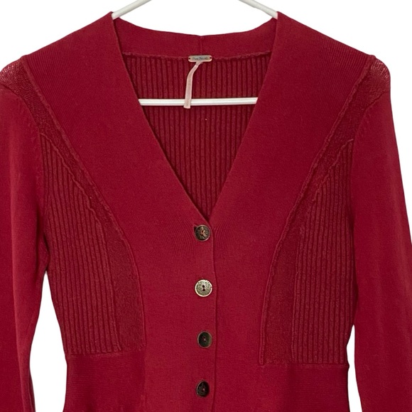 Free People Peplum Cardigan Sweater Womens Size Small Red V Neck Button Down - Picture 3 of 8